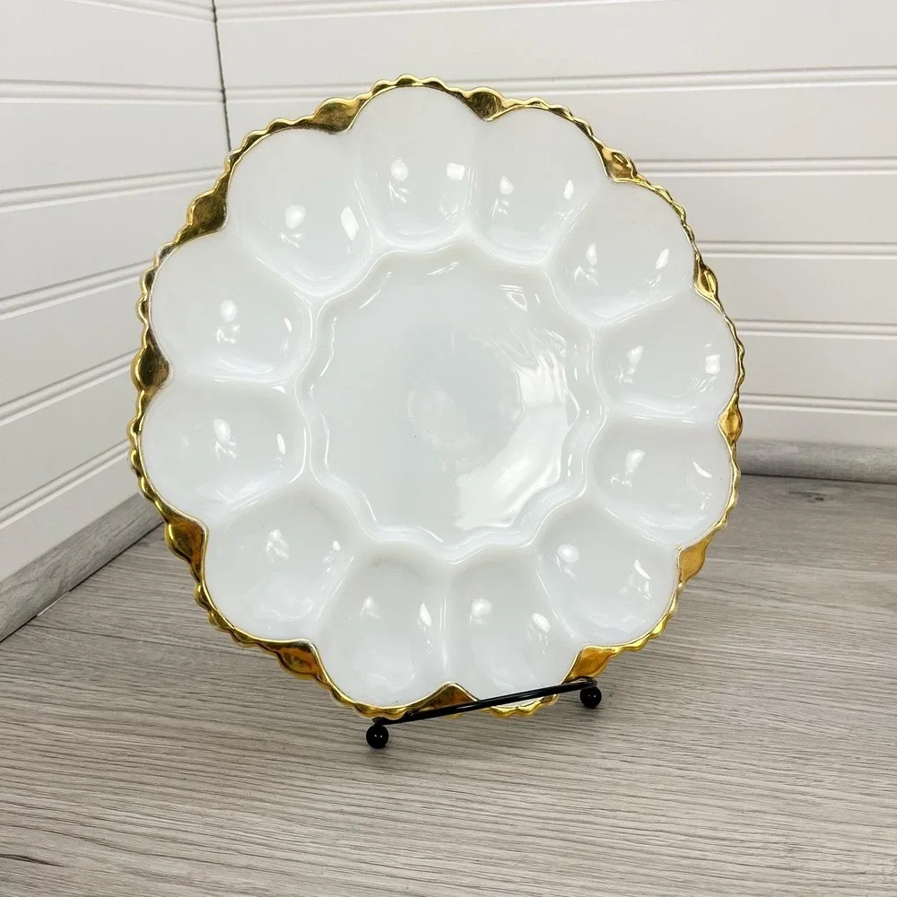 Anchor Hocking Milk Glass Gold Rim Deviled Egg Tray/Platter